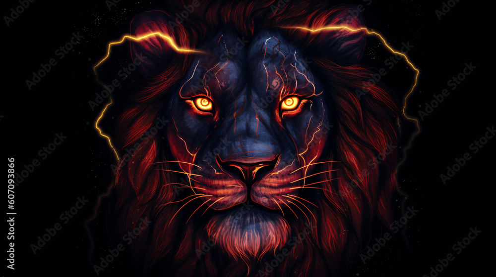 A close up of a red glowing lion's face on a black background Generative Ai