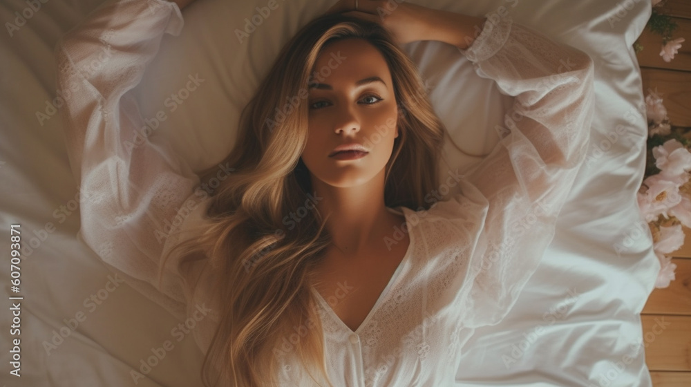 adult woman with her head on the pillow in bed trying to sleep or wake up, top view, close-up adult woman with her head on the pillow in bed trying to sleep or wake up, top view, close-up