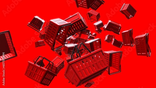 Red plastic shopping baskets on red background.
Loop able abstract animation for background.
 photo