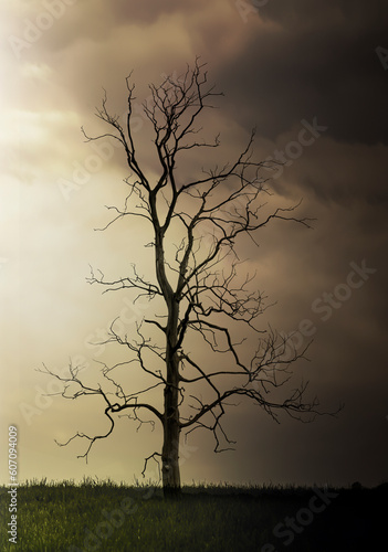 Kahler Baum in einer Wiese vor bewölktem Himmel