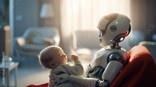 female robot or cyborg cares and takes care of a baby, mother or babysitter, technological body parts or upgrades, technology assisted.