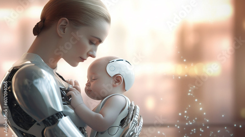 female robot or cyborg cares and takes care of a baby, mother or babysitter, technological body parts or upgrades, technology assisted.