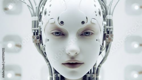 young adult caucasian woman half robot or humanoid android artificial intelligence