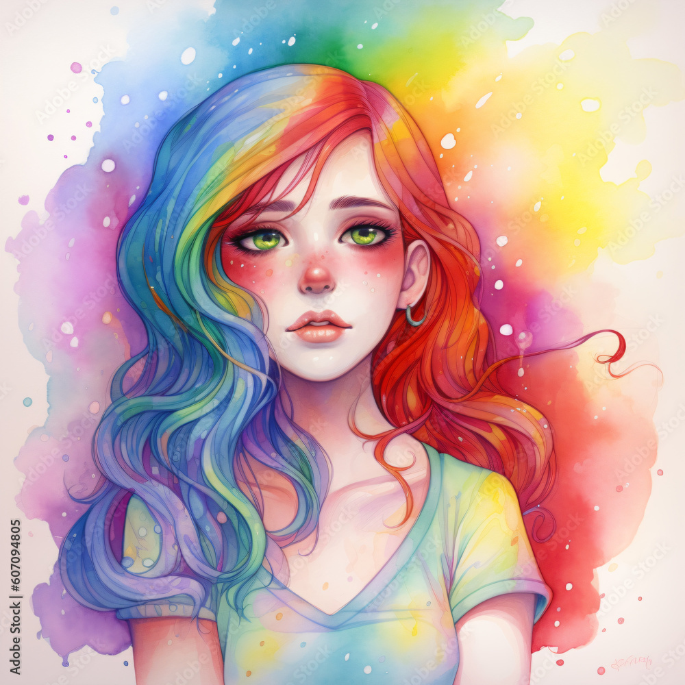 A watercolor painting of a girl with colorful rainbow hair Generative Ai