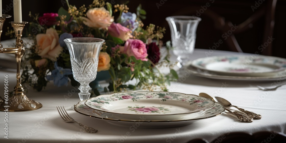 An elegant table setting with fine china, silverware, and a bouquet of flowers, concept of Table Etiquette, created with Generative AI technology