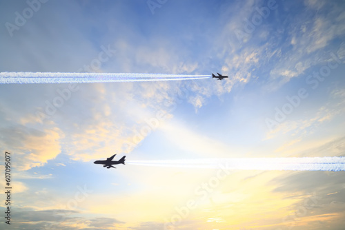 airplane in the sky clouds watercolor background, travel freedom