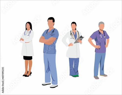  Male and female doctor and ward boy nurse.  Family doctors. Health care concept. Vector illustration in flat cartoon style.