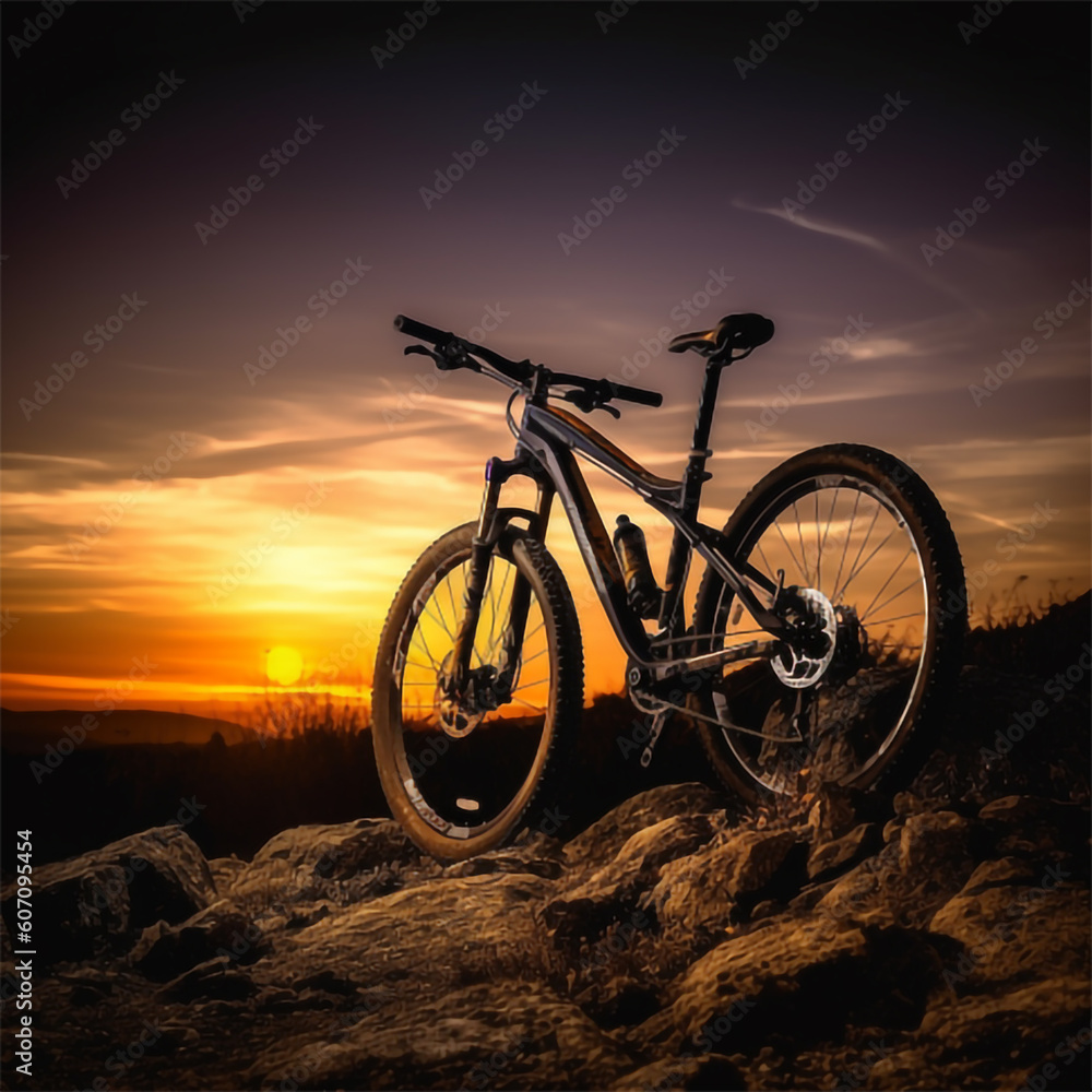 Fototapeta premium mountain bike on sunset background