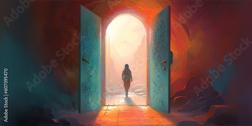 Enigmatic scene of a person walking through a door into a vibrant, otherworldly realm, symbolizing the power of imagination, concept of Creative Transformation, created with Generative AI technology