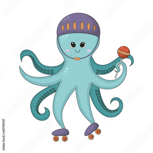 A cute octopus in a helmet on roller skates, holds a candy bar with a tentacle. Vector illustration in cartoon style on a white background. Cute cartoon sea animal for postcards or stickers.