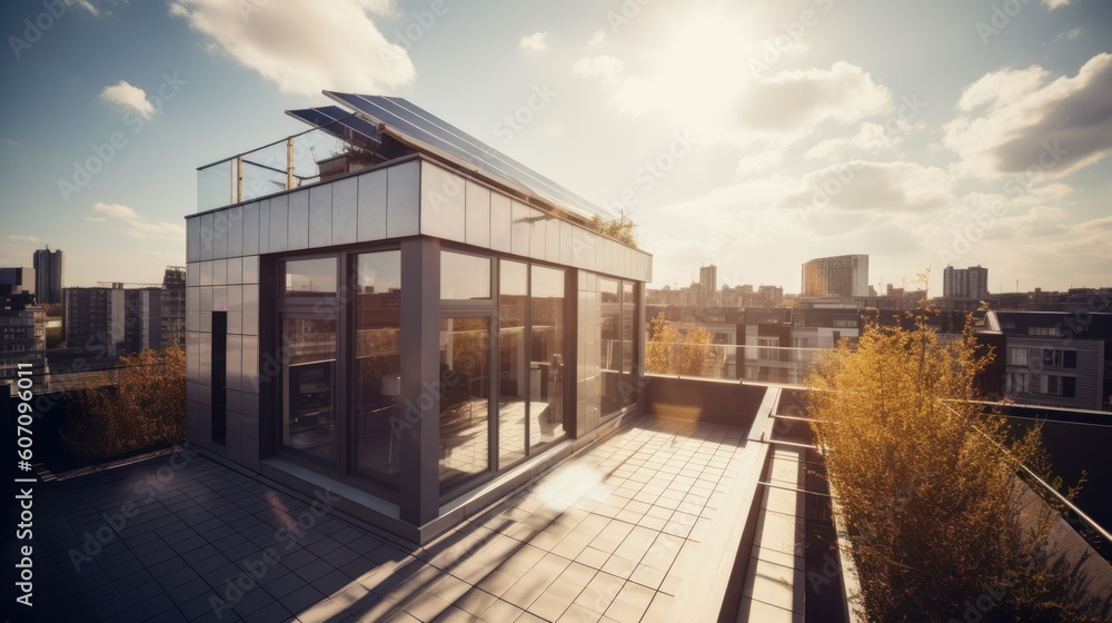 Modern house with solar panels on the rooftop with sunset on the background. Generative AI