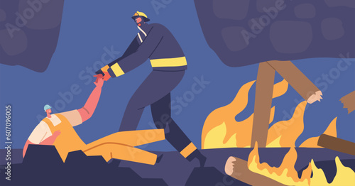 Brave Rescuer Save Trapped Miner During A Harrowing Coal Mine Fire. Male Character Demonstrating Courage