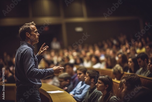 A knowledgeable professor conducts a seminar in a grand lecture hall, filled with eager students. The professor stands at the front of the room, gesturing. Generative Ai.