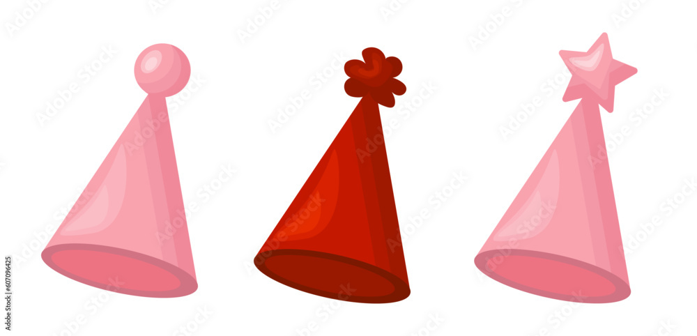 Birthday caps red and pink hat set. Hat for party celebration. Vector cartoon illustration.