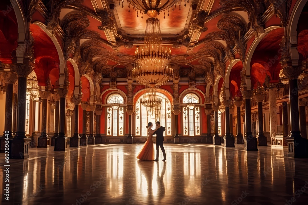 The ballroom in classic style. 3D style. Mexico and Latin America Ballroom space for dancing classes or wedding. Generative Ai.