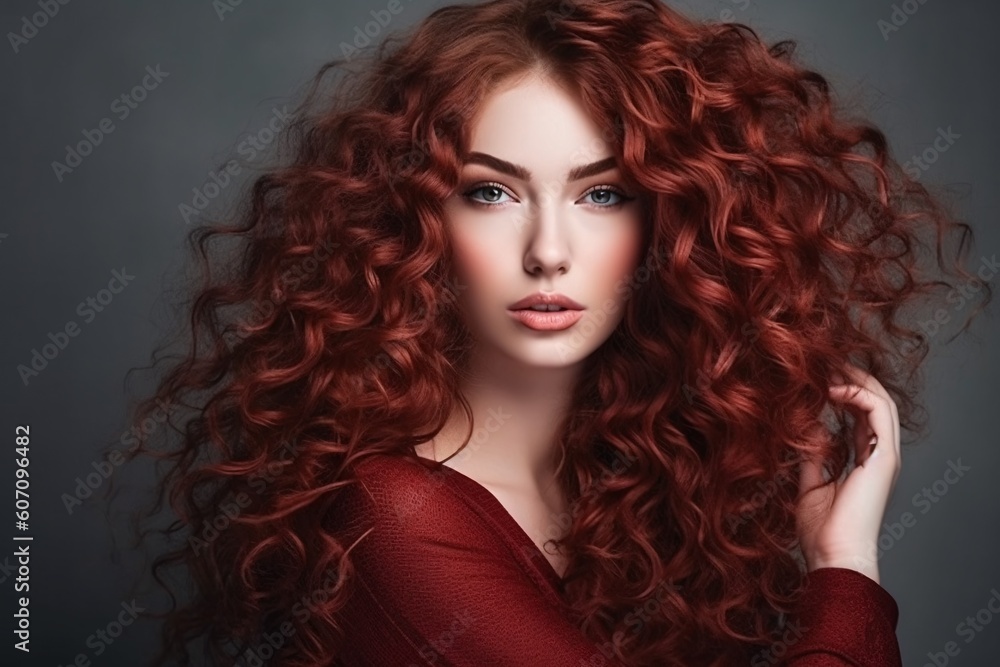 Fototapeta premium Beautiful woman with long and shiny wavy hair . Beauty model girl with curly hairstyle and red manicure nails. Generative ai.