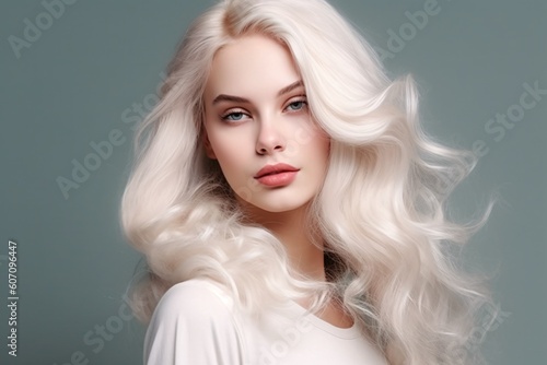 Beautiful girl hair coloring in ultra blond. Stylish hairstyle curls done in a beauty salon. Fashion, cosmetics and makeup. Generative ai.