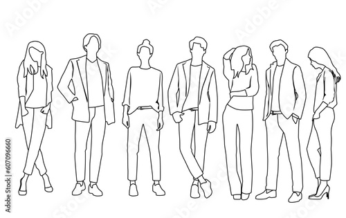 Vector silhouettes of  men and a women, a group of standing  business people,  linear sketch, black and white color isolated on white background