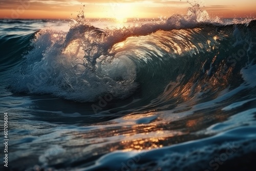 Ocean wave breaking on the shore at sunset. Beautiful nature background, generative Ai
