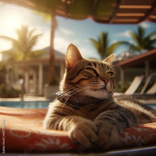 Cute tabby cat resting on sun lounger at swimming pool, generative Ai