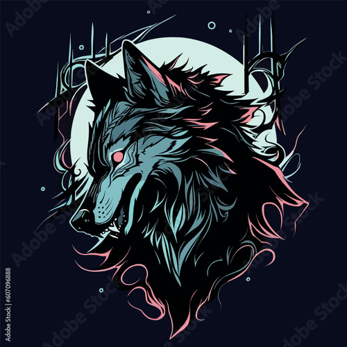 Wolf head black silhouette isolated on dark background. Vector icon, decal, sticker or tattoo design, dog, wolf or fox face profile side view. Hunting emblem, wildlife animal. Dark Wolf 
