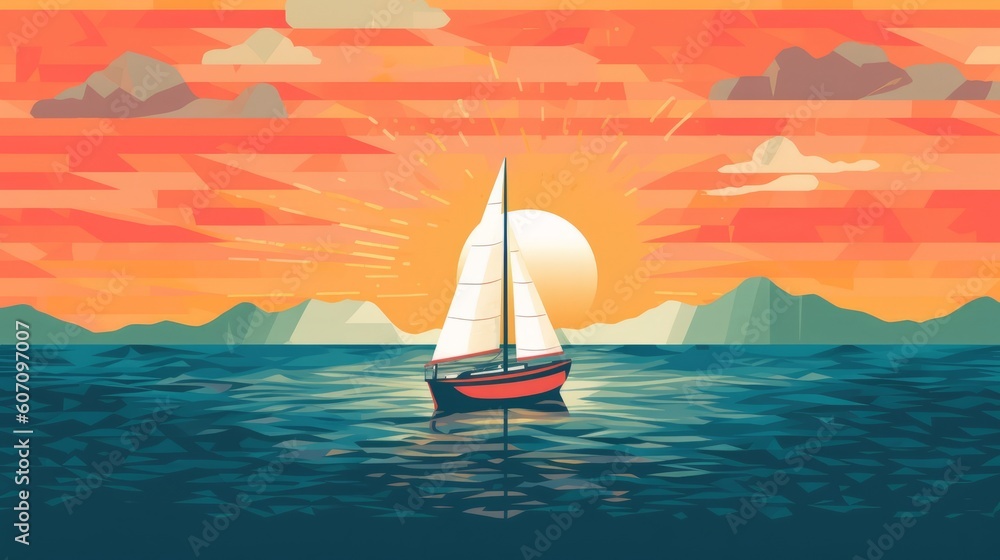 Naklejka premium Sailing boat on the sea at sunset. Digital illustration in flat style, generative Ai