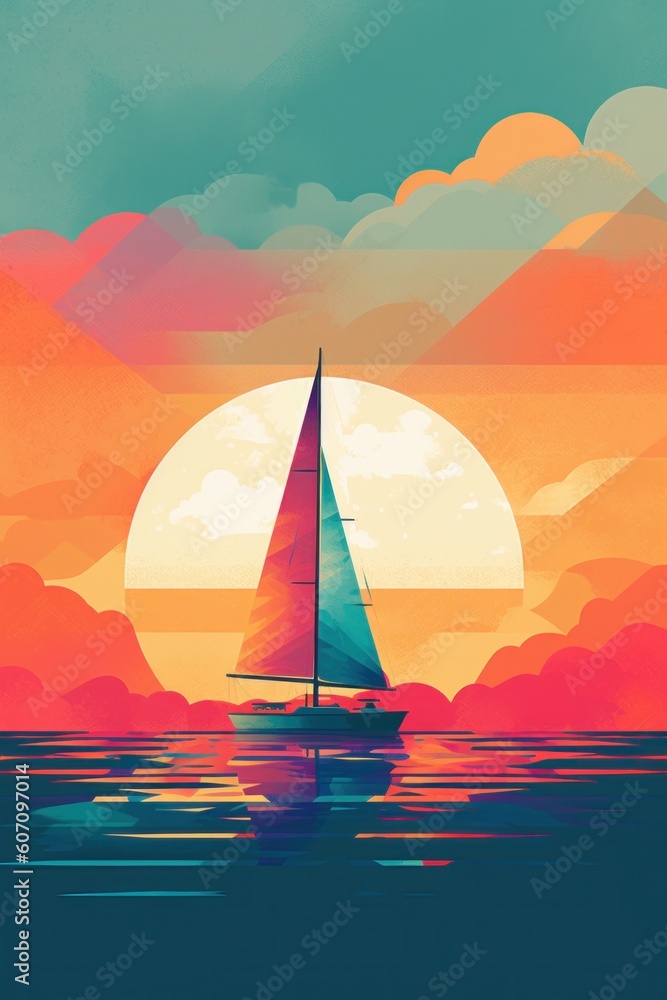 Naklejka premium Sailing boat in the sea at sunset. Digital illustration for your design, generative Ai
