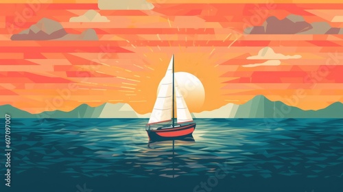 Sailing boat on the sea at sunset. Digital illustration in flat style, generative Ai