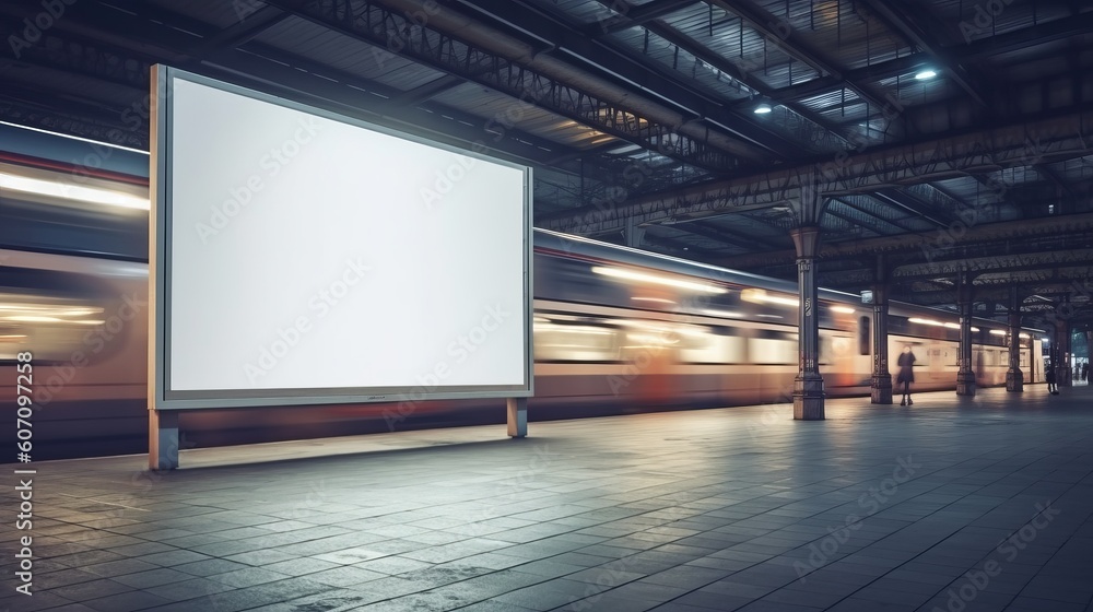 For mockup. Blank billboard on the platform of the train station. 3d rendering, generative Ai