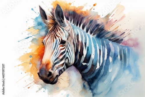 Watercolor painting of a zebra on a white background. Digital illustration, generative Ai
