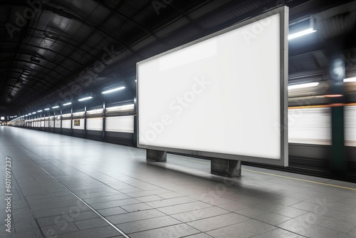 Blank billboard in subway station with train in background. 3d rendering, generative Ai