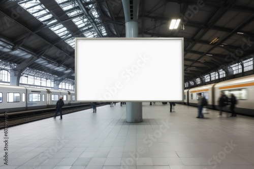 Blank billboard on the platform of a train station with people passing by. For mockup, generative Ai