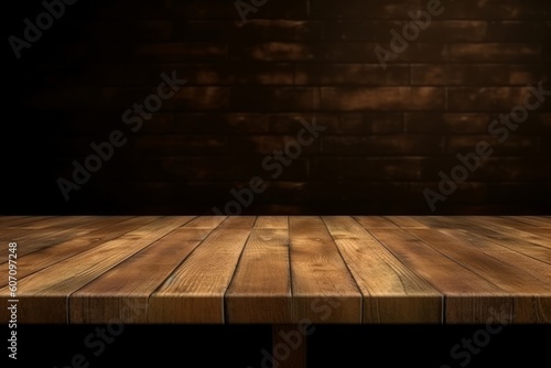 Empty wooden table for product display montages with brick wall background, generative Ai