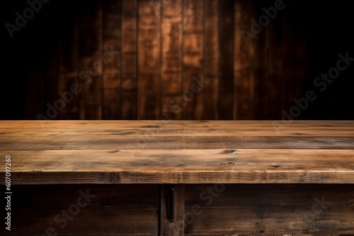 Empty wooden table for product display montages. Toned image, generative Ai