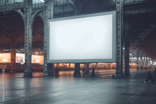Blank Mockup billboard in a train station at night,3d rendering, generative Ai