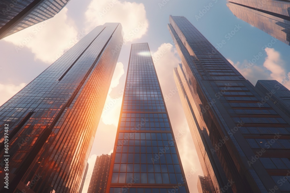 Low angle view of skyscrapers at sunset, generative Ai