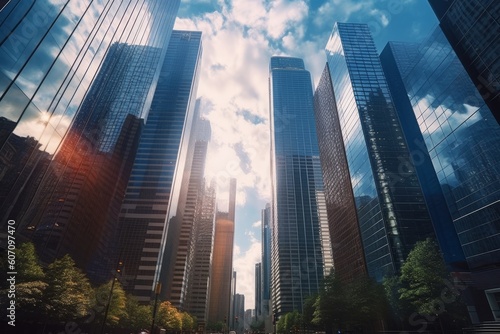 Low angle view of skyscrapers with blue sky  generative Ai