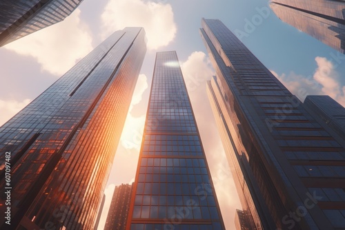 Low angle view of skyscrapers at sunset  generative Ai