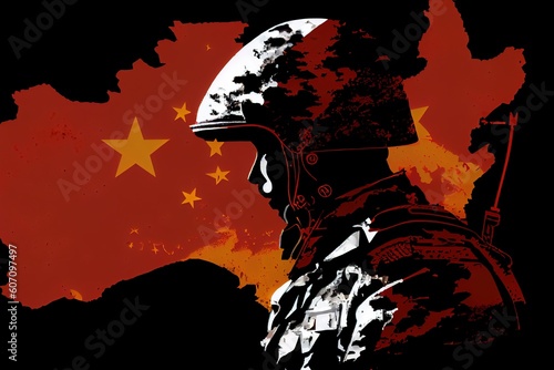 silhouette of a china army with china flag background