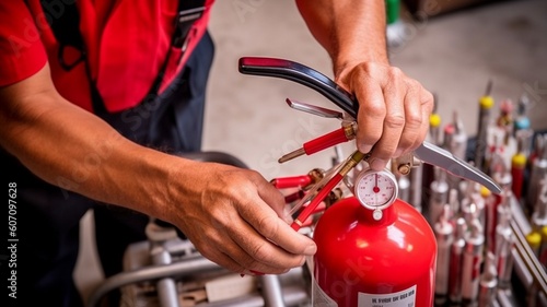 Engineer checking pressure of fire extinguisher  Generative AI