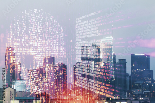 Double exposure of abstract virtual creative code skull hologram on Los Angeles city skyscrapers background. Malware and cyber crime concept