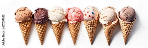 seven ice cream cones with the colors of the american flag on a white background. ice cream day in America. Generative AI