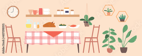 Set Of Items Table, Chairs, Roasted Turkey And Festive Meals. Potted Plants, Shelf With Spices And Cups Or Crockery