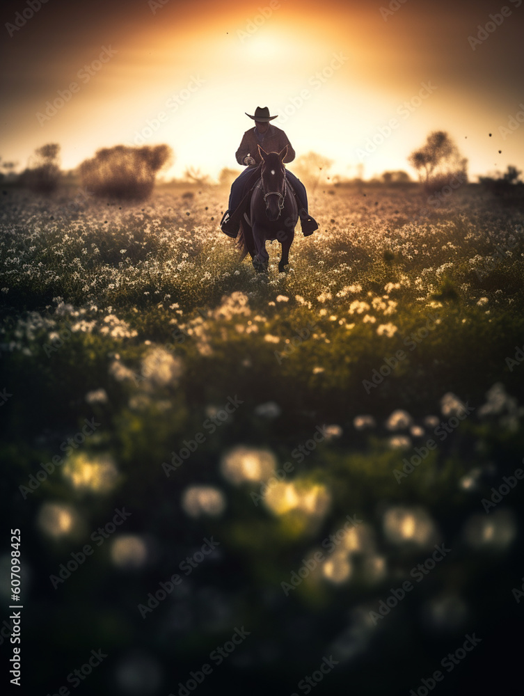 A cowboy is riding a horse in a spring field. The sunlight from behind casts a shadow on the cowboy. View from afar with center focus and surrounding bokeh.
