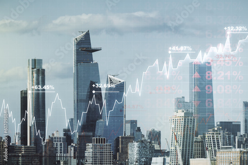 Abstract virtual financial graph hologram on New York cityscape background, financial and trading concept. Multiexposure