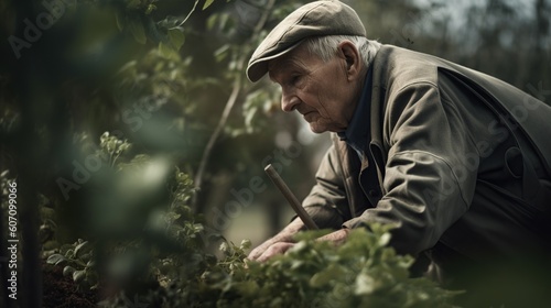 Old man working outdoor. Gardening concept. AI generative image. © vlntn