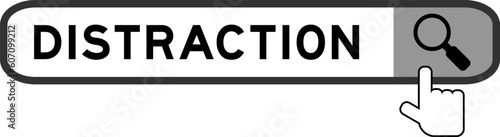Search banner in word distraction with hand over magnifier icon on white background