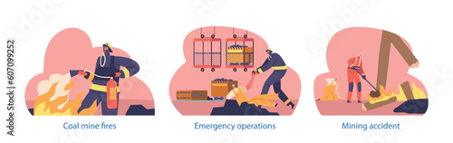 Dangerous Emergency Situation Underground Isolated Elements. Fire Accident In A Coal Mine, Causing Chaos