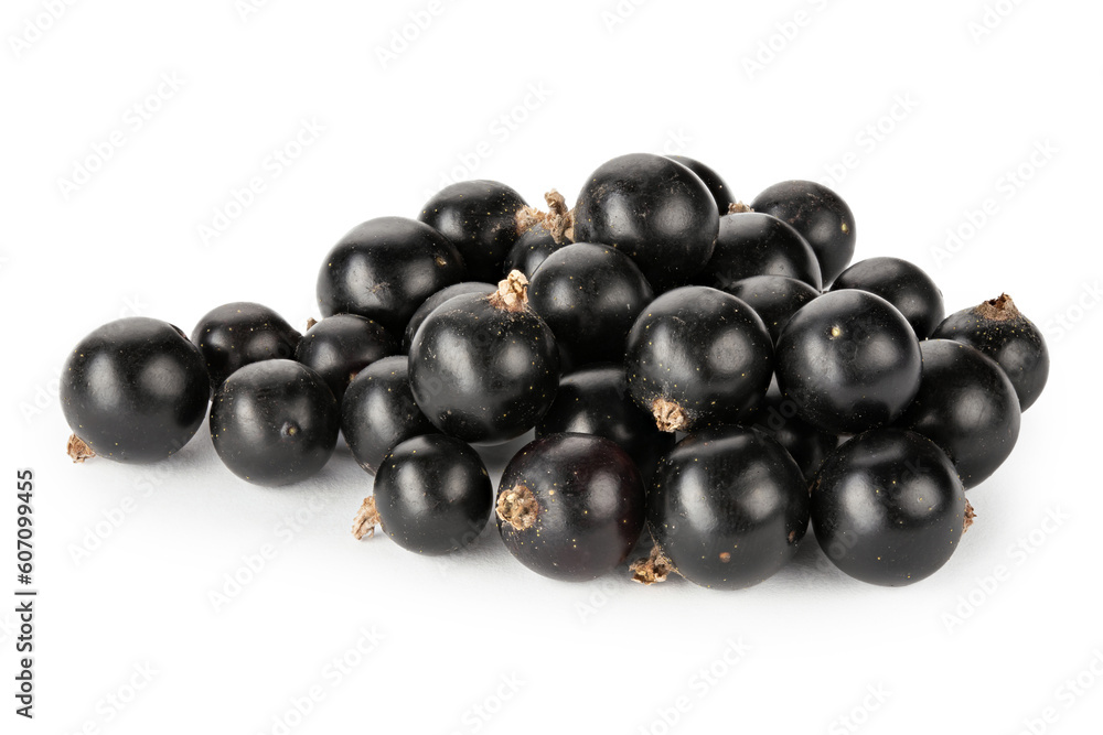 Ripe blackcurrant berries are scattered, isolated on a white background. Ripe blackcurrant berries are scattered, isolated on a white background.