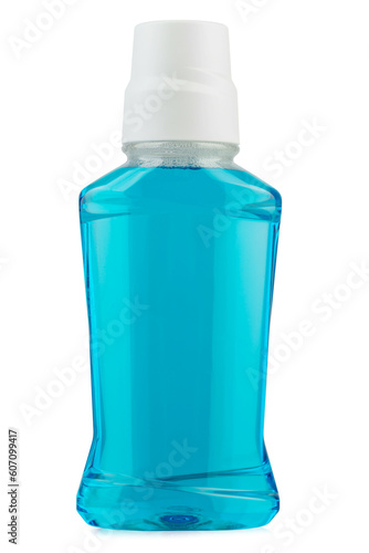 Bottle with blue liquid cosmetic for teeth, isolated on white background.